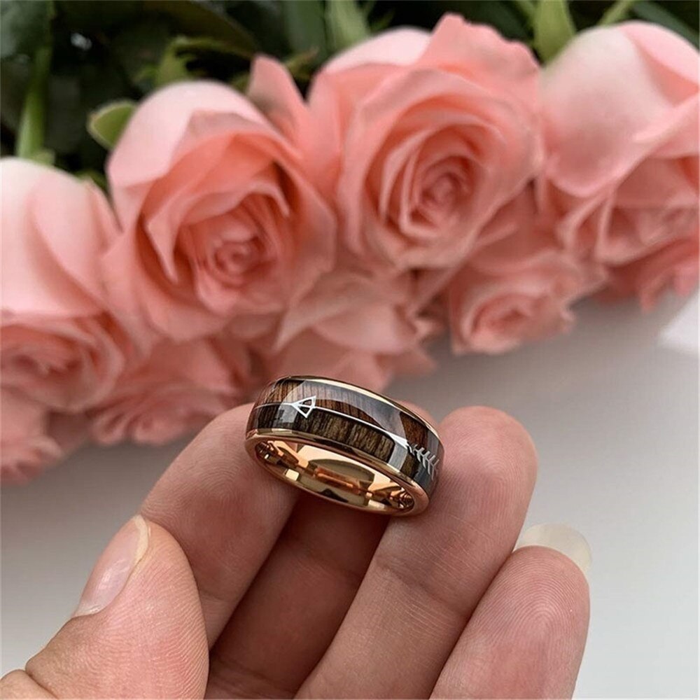 8mm Luxury Carbide Stainless Steel Rings for Women Wood Inlay Arrow Wedding Engagement Ring Men Party Jewelry