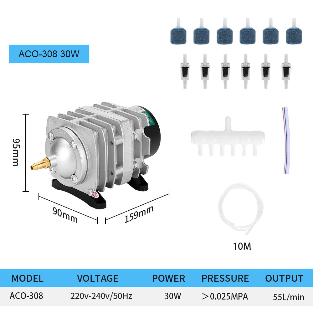 Aquarium Kompressor Air 220V High Power E-magnetische Luftpumpe Fischteich Sauerstoff Pumpe für Teich Air Belüfter pumpe ACO-208/308/318 240V: 30W with accessories / EU Plug
