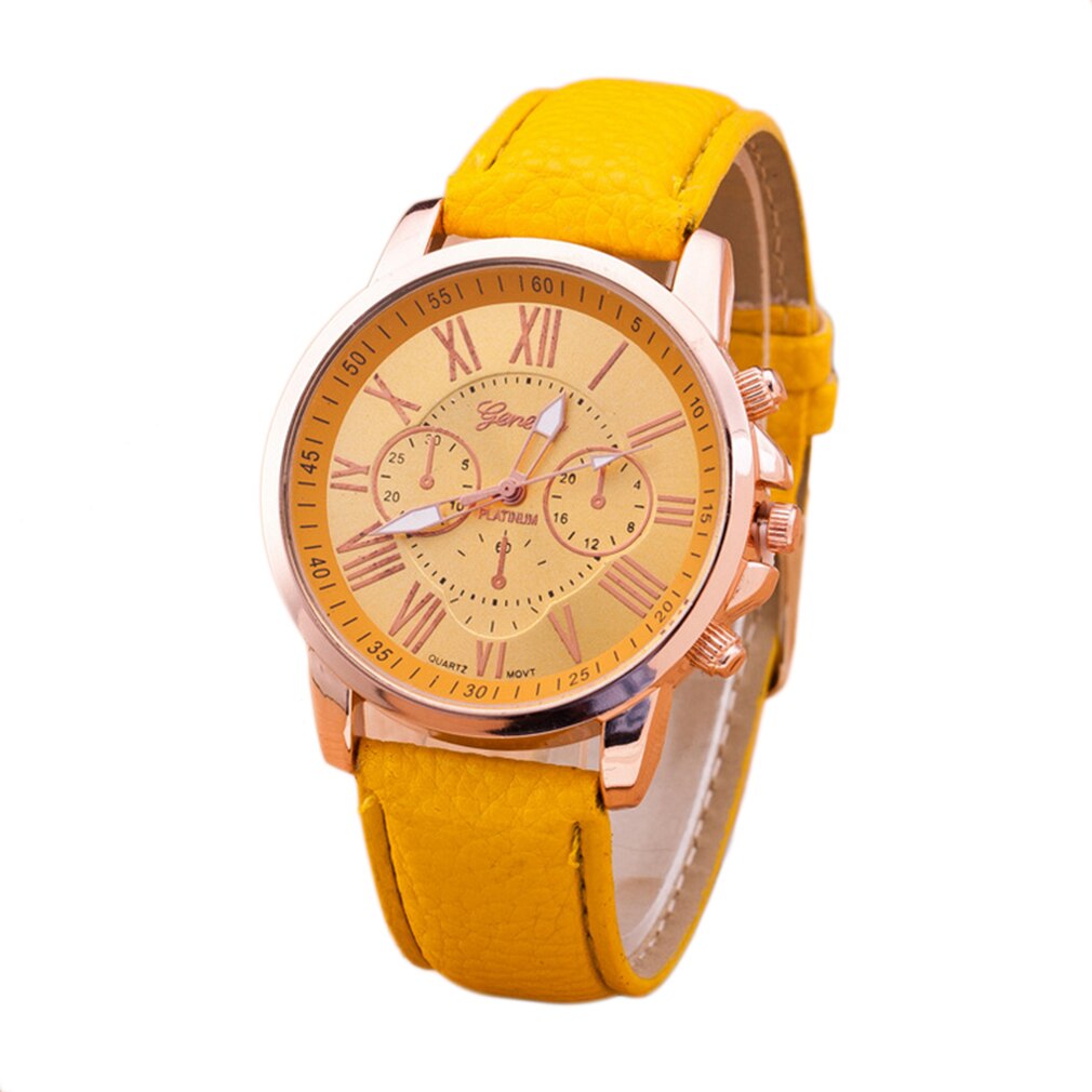 Merk unisex heren casual stijlvol romeinse cijfers imitatieleer quartz horloge montre horloges relojes mujer: Geel