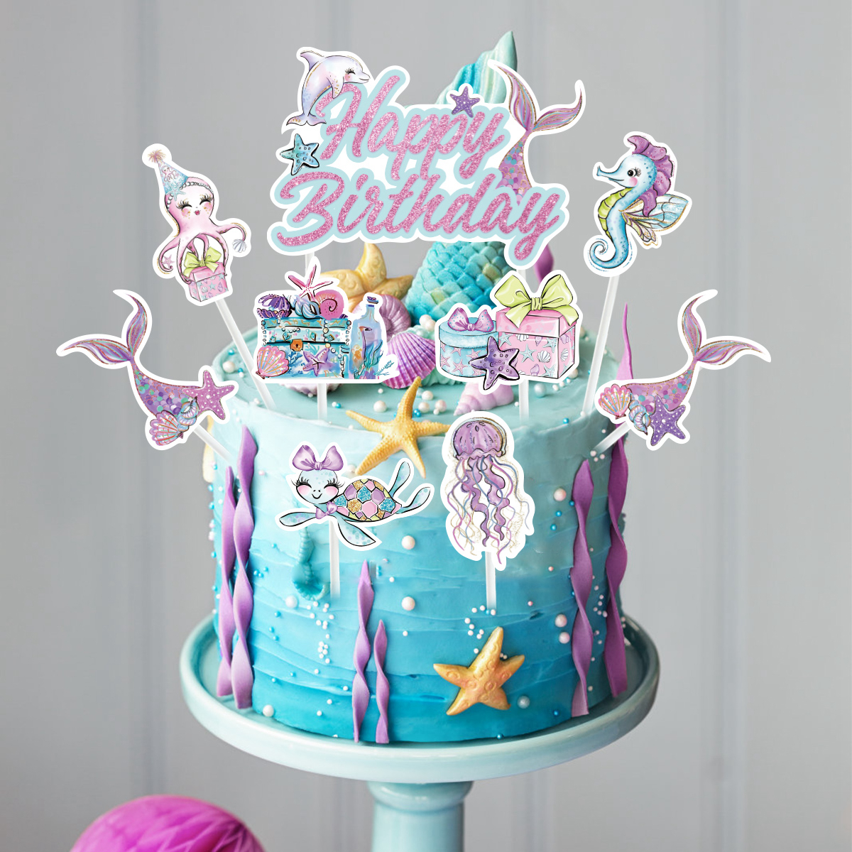 Merenneito-teemainen syntymäpäiväkakun koriste merenneidon pyrstö hyvää syntymäpäivää kakun koriste syntymäpäiväkakkuun vauvakutsujen juhlatarvikkeet