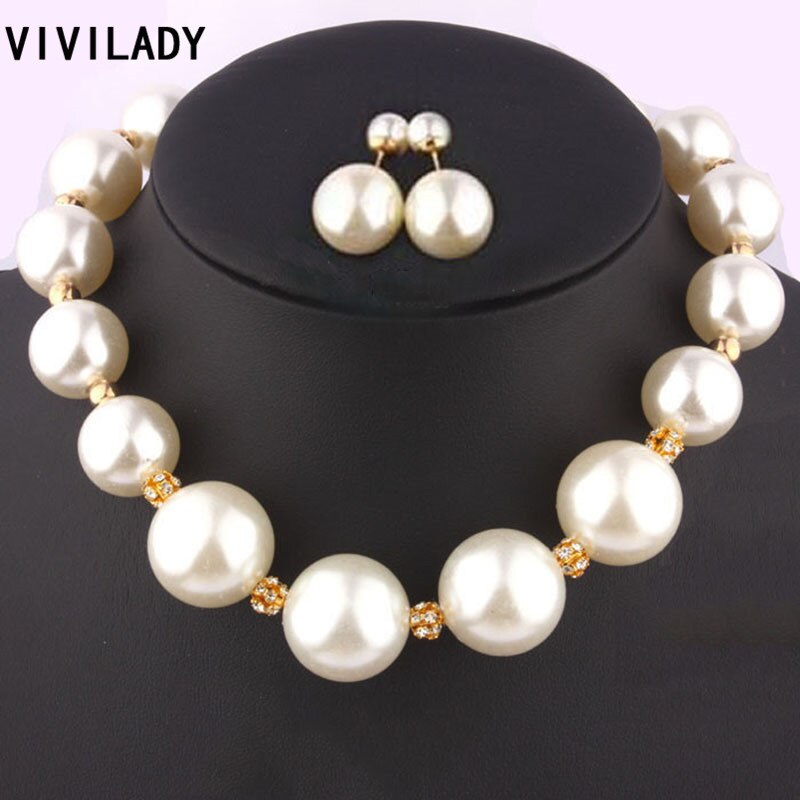 VIVILADY Jewelry Sets Imitation Pearl Crystal Necklace Earrings 2pcs/set Women Bijoux Accessory Party