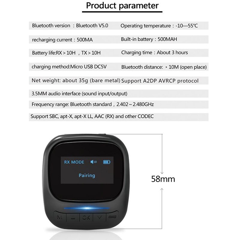 Bluetooth 5.0 o Transmitter Receiver Oled Display aptxLl 3.5Mm AuxJack Wireless Adapter for Tv Car Pc