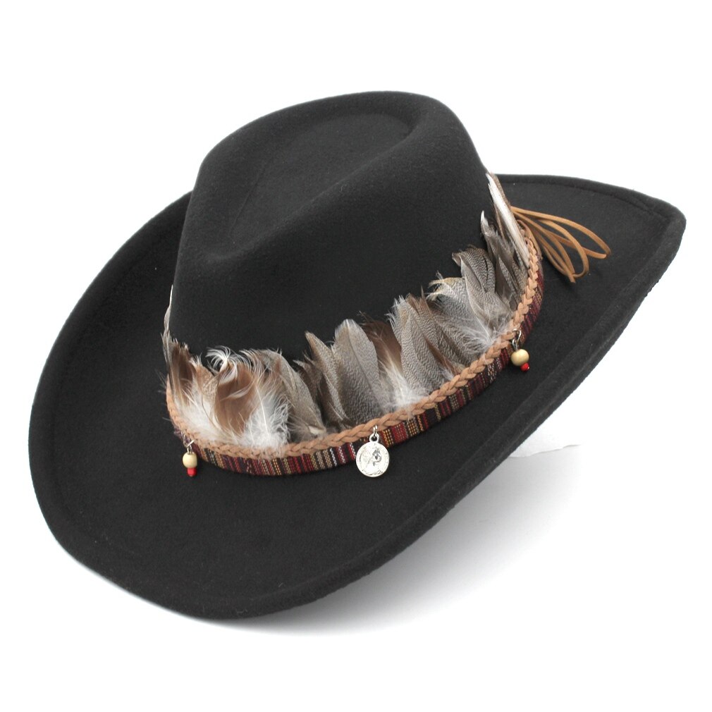 Miatdawn Unisex Wol Blend Western Cowboy Jazz Hoed Brede Rand Sombrero Godfather Cap Kerk Caps Cowgirl Veer Riem Verkocht: Black