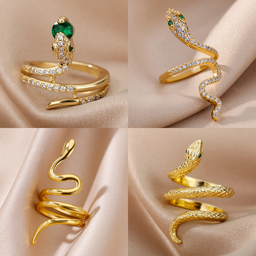 Anillos de serpiente de circón para mujeres y hombres, anillo ajustable abierto de acero inoxidable de Color dorado, joyería estética gótica Vintage, anillos para mujer