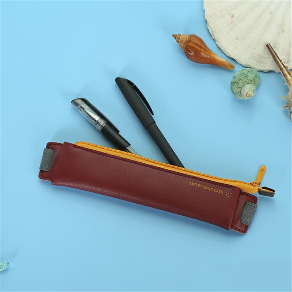 Handgemaakte Pu Lederen Mini Pen Zak Milieuvriendelijke Elastische Boek Etui Pen Bag Pouch Voor Briefpapier Levert Cosmetische Tas: wine red