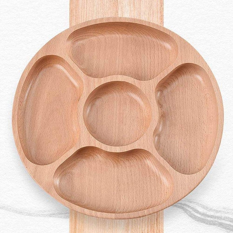 Wood Appetizers Serving Dish Household 5 Compartments Snack Dry Fruit Plate Candy Tray Round Divided Snack Plate Tray