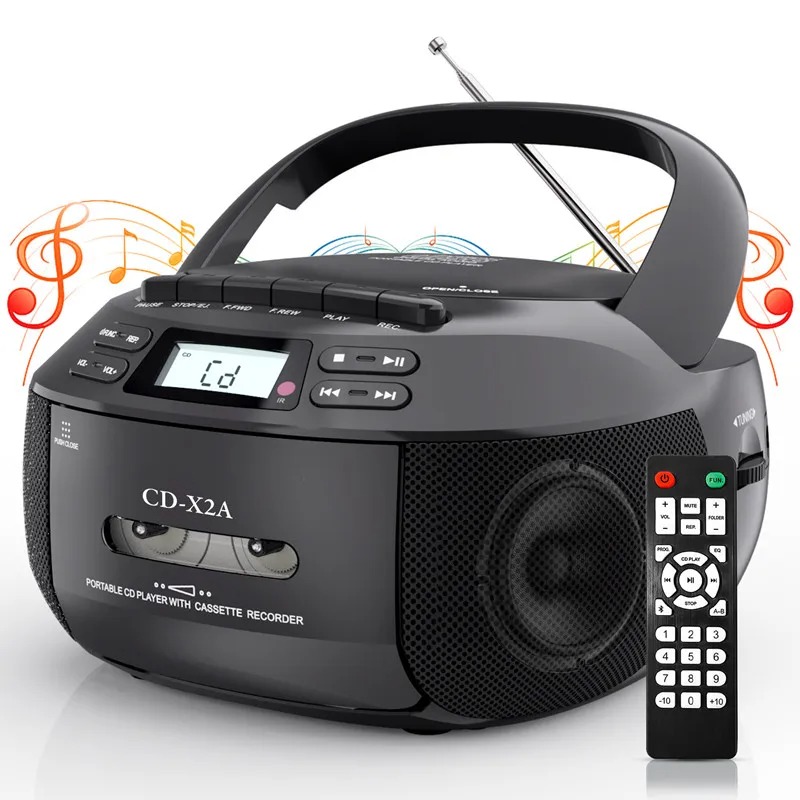 Boombox CD Player Portable Cassette AM FM Radio Bluetooth Speakers AUX USB MP3 Plays with Remote Control Support AC/DC Powered: Yellow