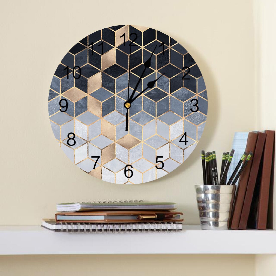 Soft Blue Gradient Cubes Wall Clock Home Decor Bedroom Silent Oclock Watch Wall for Kitchen Living Room Wall Digital Clock