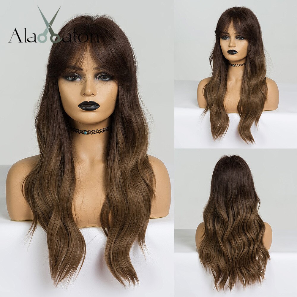 ALAN EATON Ombre Black Brown Long Wave Synthetic Wigs with Full Bangs For Black Women Heat Resistant Fibre Cosplay Party Daily: lc256-2