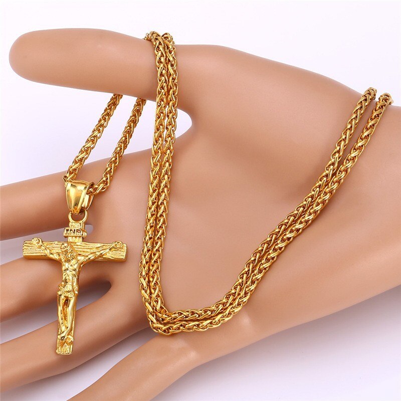 crucifijo Cristo Jesús collar de hombre joyería de oro de acero inoxidable de Color cadena alrededor del cuello cruzado colgante collares para hombre