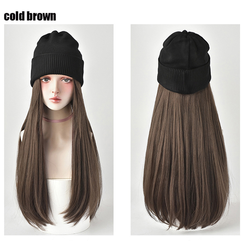 Beanies Hat With Hair Wigs For Women 24 inch Long Straight Hair Synthetic Wig Warm Soft Ski Knitted Autumn Winter Cap: Silver