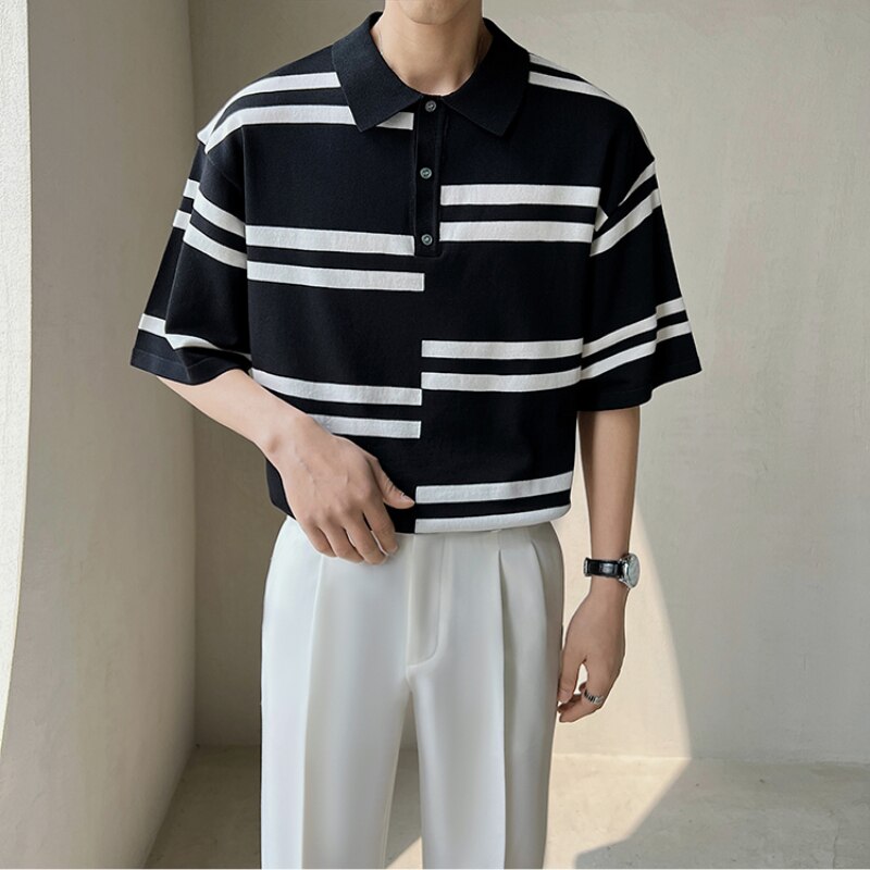 Polo a rayas para hombres, camisetas de punto de seda de hielo de manga corta, camisetas informales de negocios con solapa Social, ropa de verano 2022