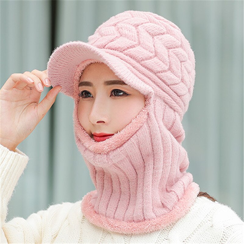 Double-Use Women Warm Knitted Hat Scarf Hooded Collar Elastic Winter All-Match Adult Teen Thick Soft Neck Warmer Female Caps: PINK