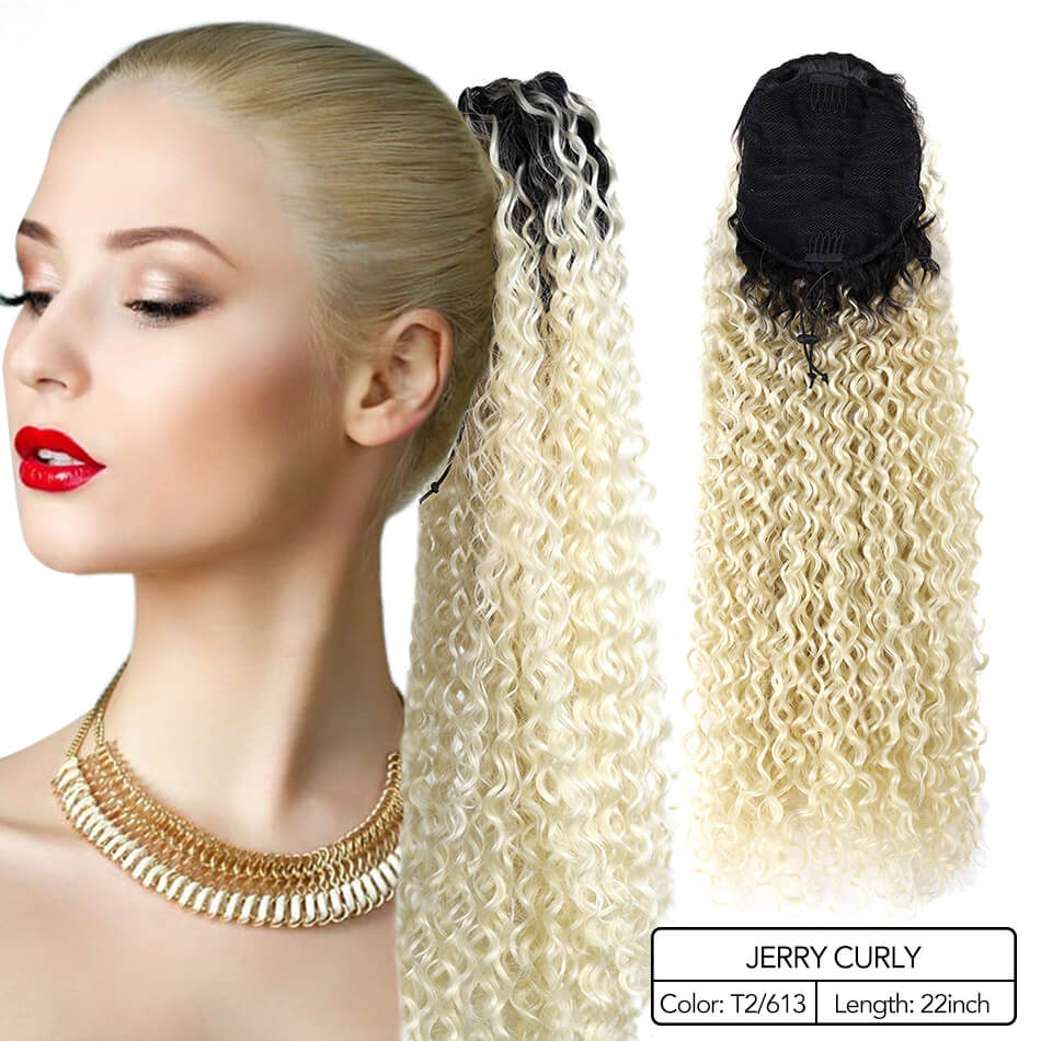 Beauty On Line Jerry Curly Clip in Ponytail Extension 22 Inches Synthetic Drawstring Curly Hair Piece Black Brown Ombre Color: T2-613