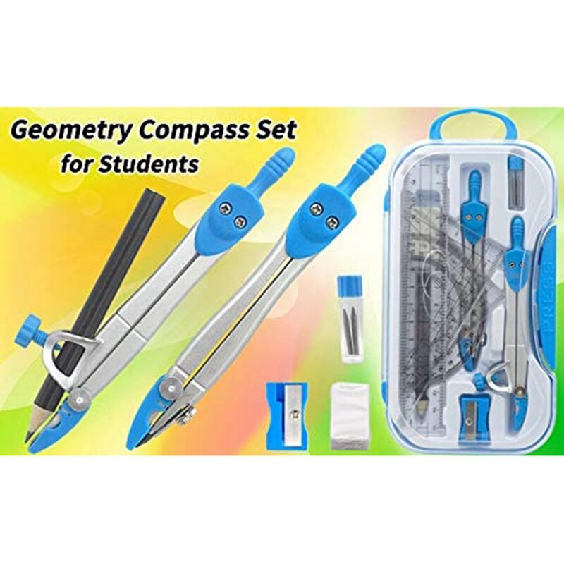 Geometry Compass Set 10Pcs School Maths Protractor Set Rulers for Student Maths and Engineering in Carry Case