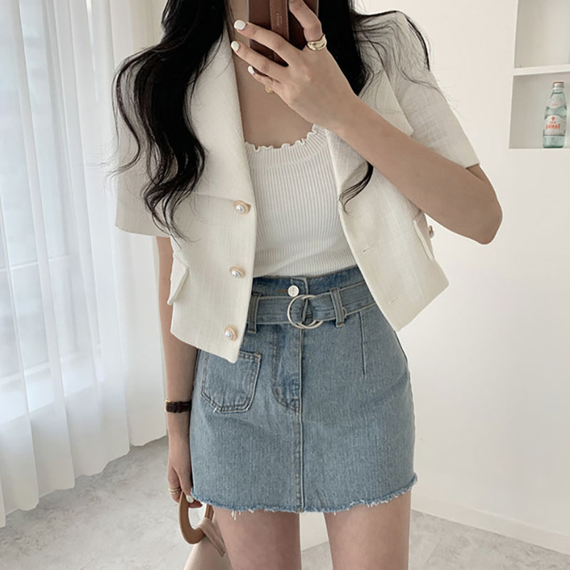 Sannian Corea verano Retro pequeña solapa fragante tres botones Tops cortos traje ajustado de manga corta abrigo mujeres Blazers y chaquetas