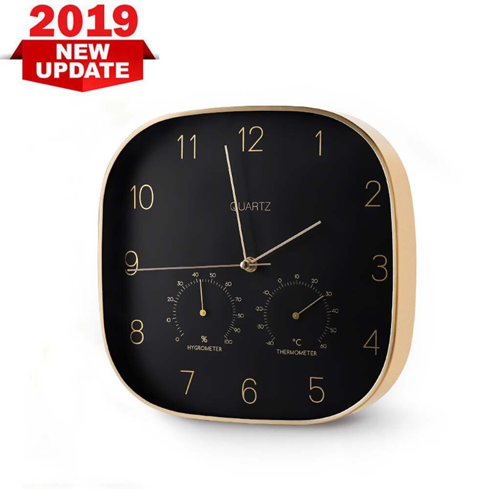 12 inch 31cm wall clock home metal case clock black european style wall clock with Thermometer hygrometer home decor