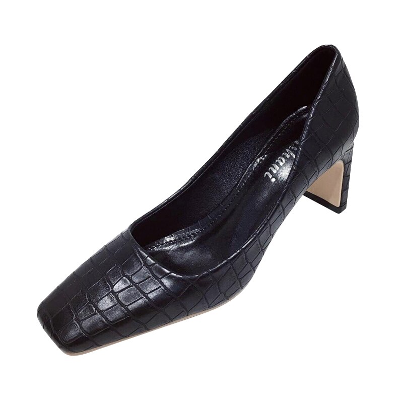 Höst vår kvinnor pumps fyrkantig tå chunky höga klackar pu ormtryckt läder dagliga skor kontorsarbete pumps 4 färger