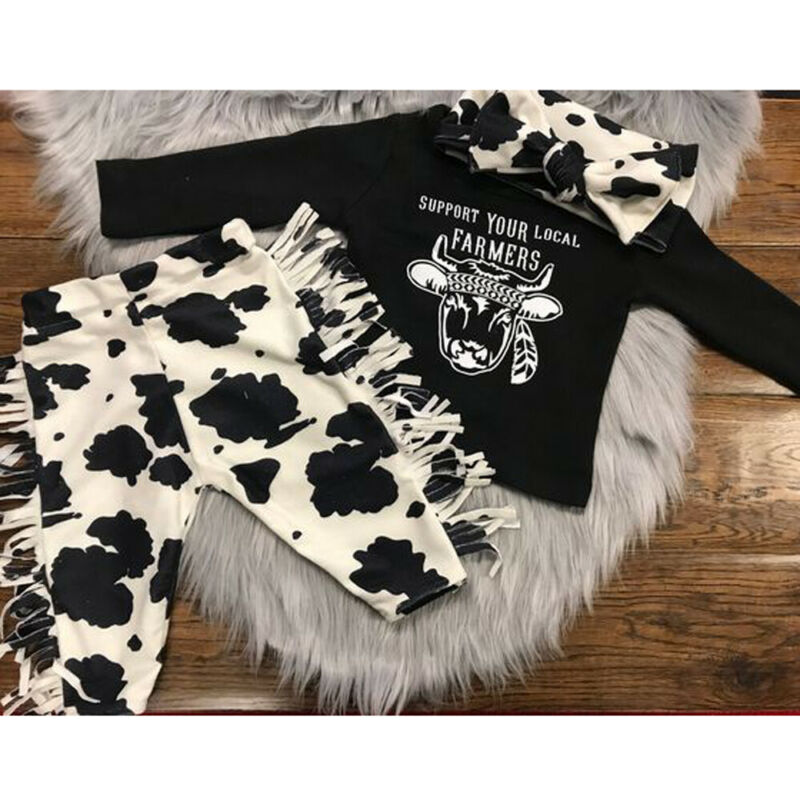 Uk nyfødt baby pige dreng ko toppe t-shirt kvaster bukser pandebånd outfits tøj