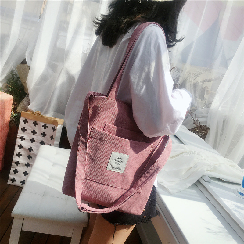 Women Canvas Shoulder Bag Ladies Casual Corduroy Tote Soft Crossbody Bags Books Bag Striped Cloth Female Handbag Shopping Bags