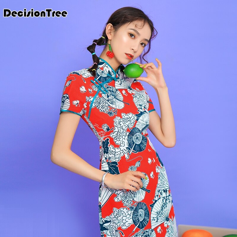 chinese dress printing dress female short sleeve improved cheongsam chinese traditional dress women qipao for wedding party