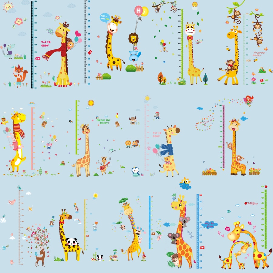 Store tegneserie giraf wallstickers boligindretning stue børn soveværelse børneværelse dekoration højde måling diagram mærkat