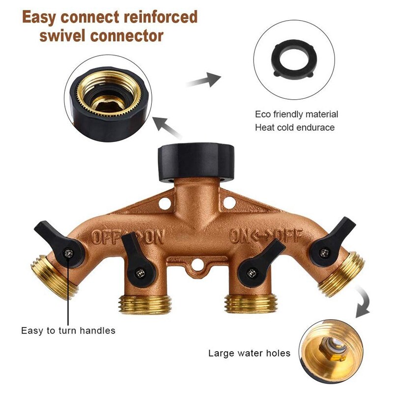4- veis messing hageslange splitter kraftig hage kran slange adapter dyse bryter kontakt med 4 stengeventiler for hage