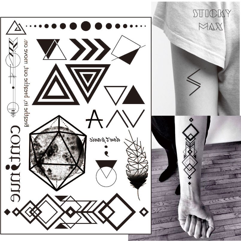 W07 1 stycke geometrisk tatuering med triangel, kvadrat, planet, semikolon, lås kroppsmålning vattentäta tatueringar