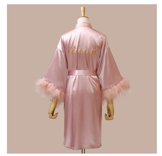 Vrouwen Veer Bruid Bruidsmeisje Robe Satijn Kimono Badjas Toga Nachtkleding Borduurwerk Brief Nachtjapon Lingerie