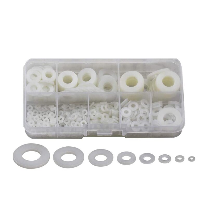 Arandelas planas de nailon 550 Uds para tornillos arandelas redondas variadas Kit de clasificación de tamaño múltiple: White