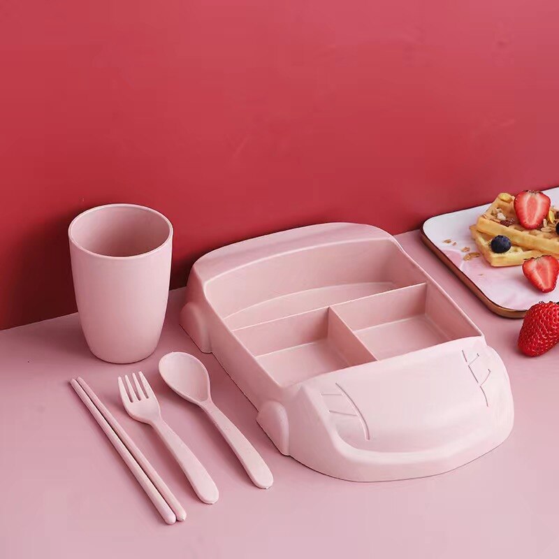 Children Tableware Plates Set Baby Feeding Dish Kids Crockery Split Plate Toddler Spoon Fork Bowl Kid Food Dishes Cutlery Gadget: Pink 5 set