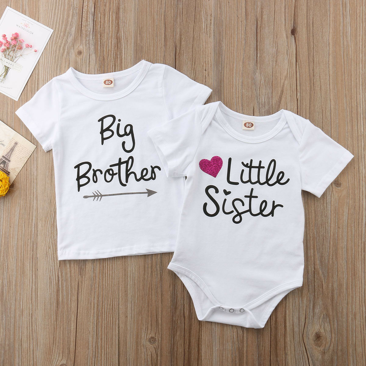 Family Match Little Sister White Romper Big Brother T-Shirt Toddler Short Sleeve Lovely Letter Matching Clothes