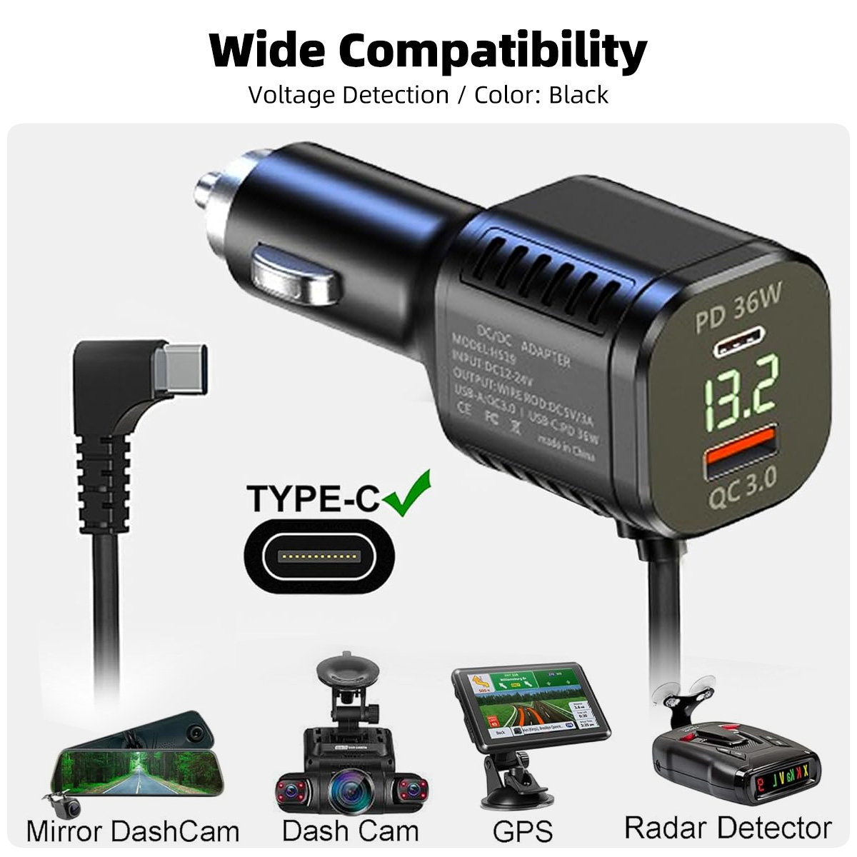 3m type c dashcamkabels, 5v snellaadkabels 2a usb-c voedingskabels voor auto-dvr-camera's, gps-recorders, lange kabeladapter, oplader