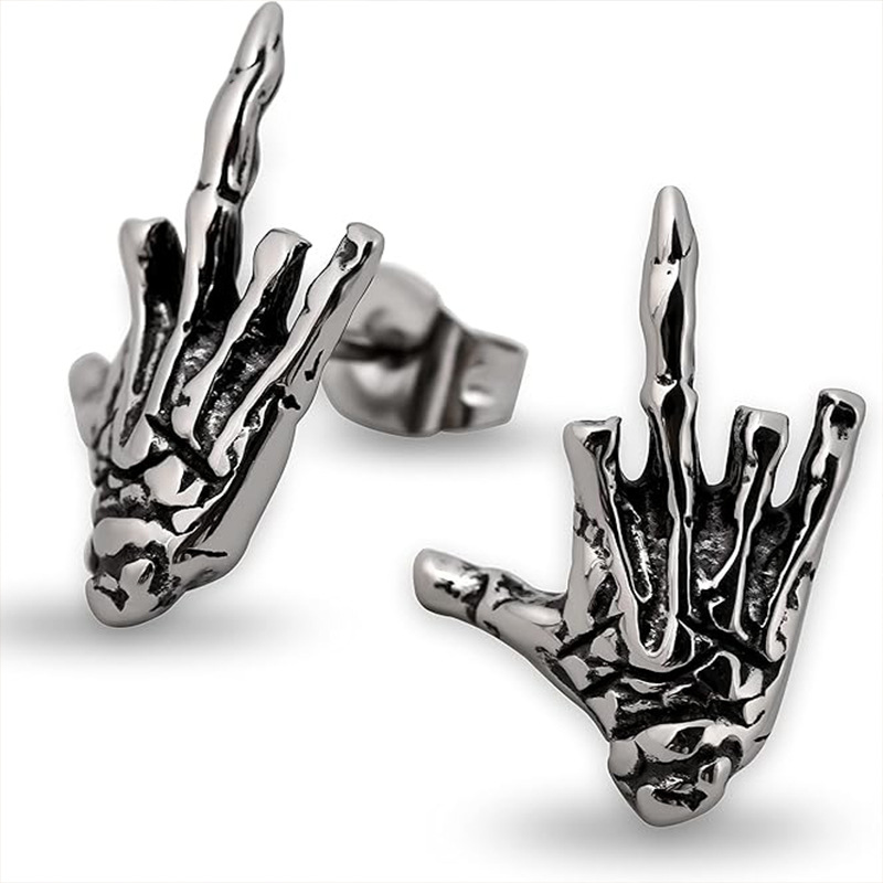 Jahrgang Silber Farbe Schädel Hand Mittelfinger Ohrstecker für Männer Frauen Punk Hüfte hüpfen Halloween durchbohren Ohrring Felsen Schmuck