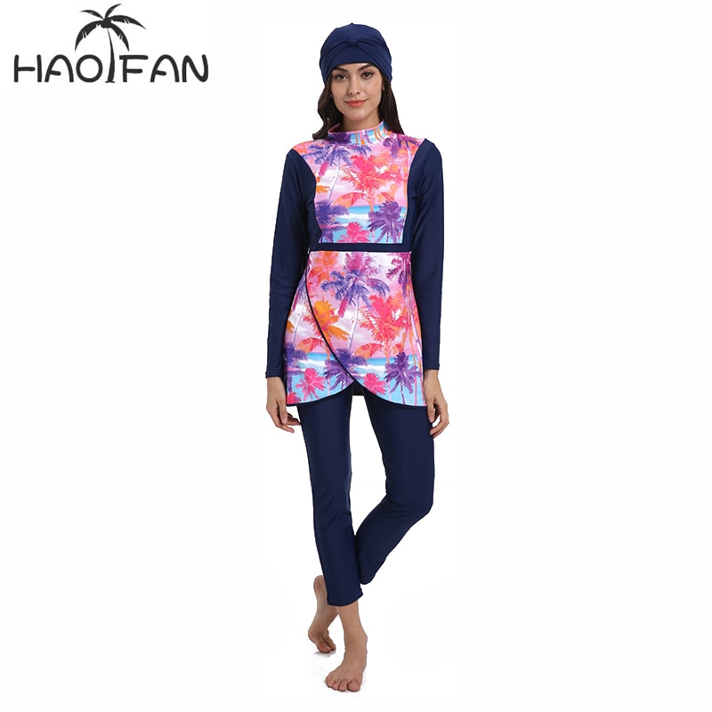 Haofan muslim badetøj kvinder beskedent patchwork hijab lange ærmer sport badedragt islamisk muslim burkinis bære badedragt