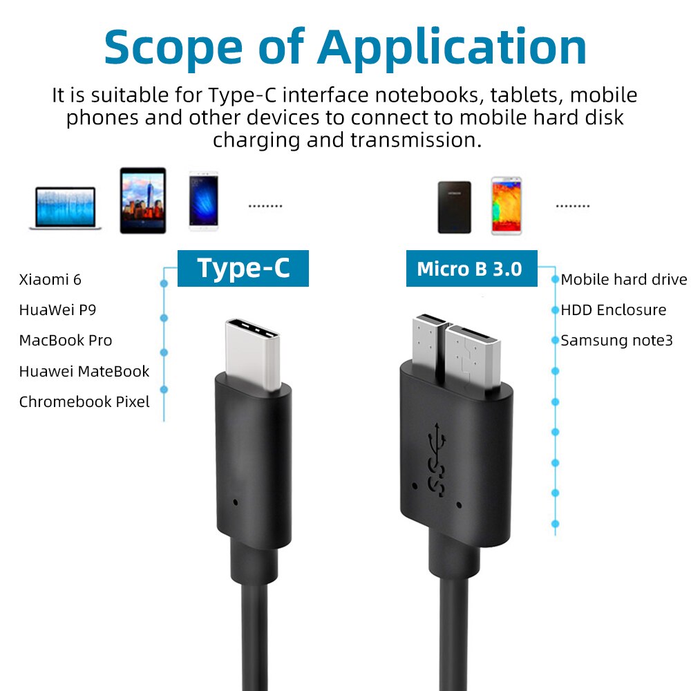 FONKEN cavo USB da tipo C 3.1 a micro B 3.0 per Samsung Nota 3 S5 cavo discoteca rigido da 2.5 pollici tavoletta cavo micro B accessori per PC