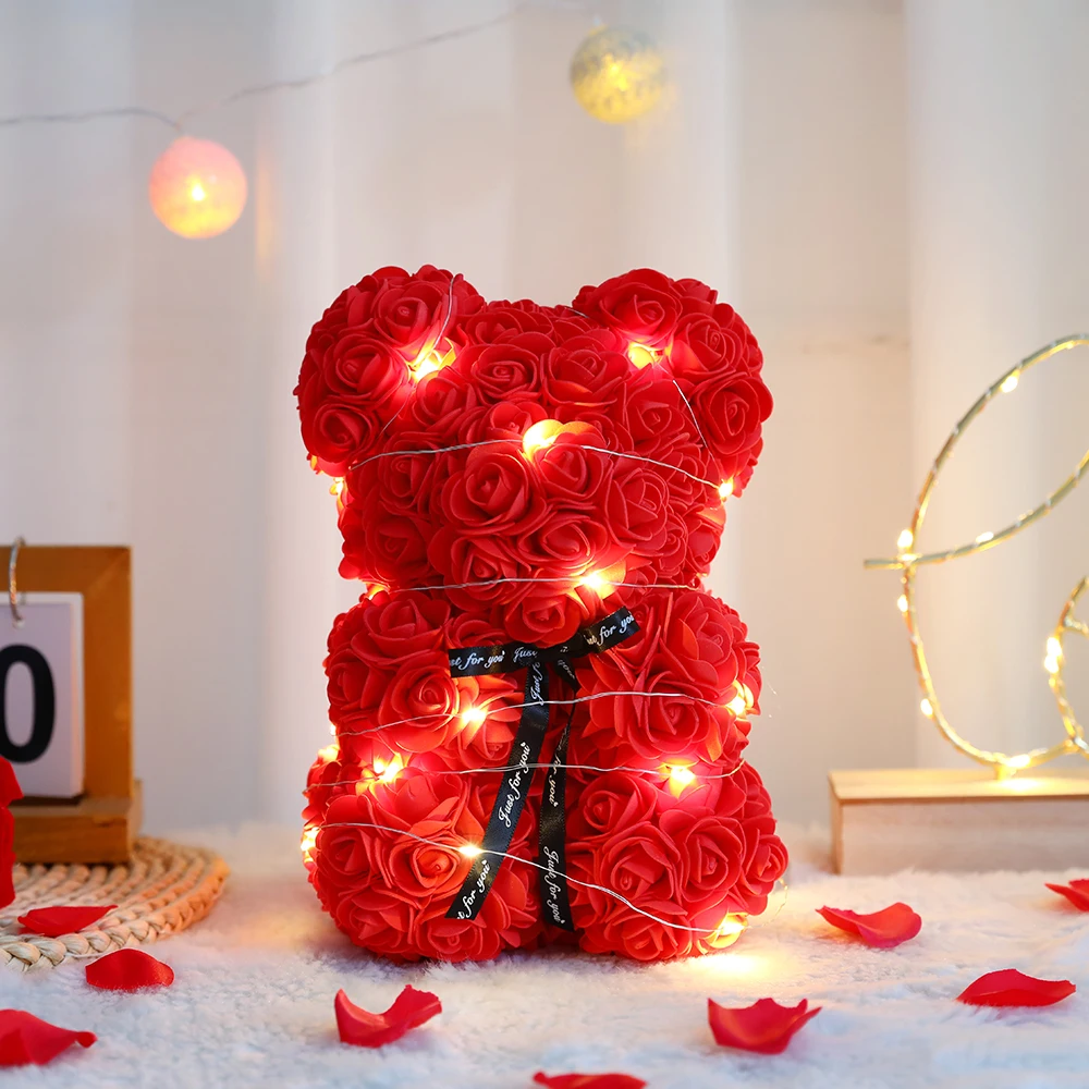 Oso de flor rosa de peluche Artificial de 25cm con caja, romántico del Día de San Valentín, suministros para de boda y aniversario para novia y mujer