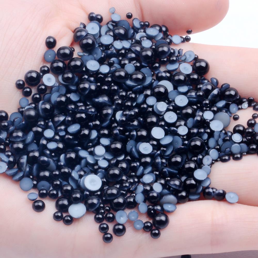 50-1000pcs 2-12mm Mixed Sizes Black Color Resin Half Round Pearl Beads Non Hotfix For Nails Art Backpack DIY Decoration