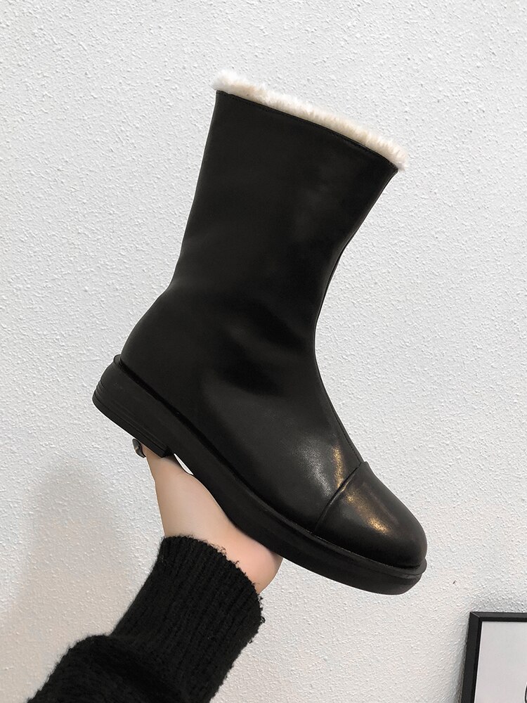 Rock Shoes-Botas de tacón medio con cremallera para mujer, calzado de invierno, botas de felpa con punta redonda de de lujo,