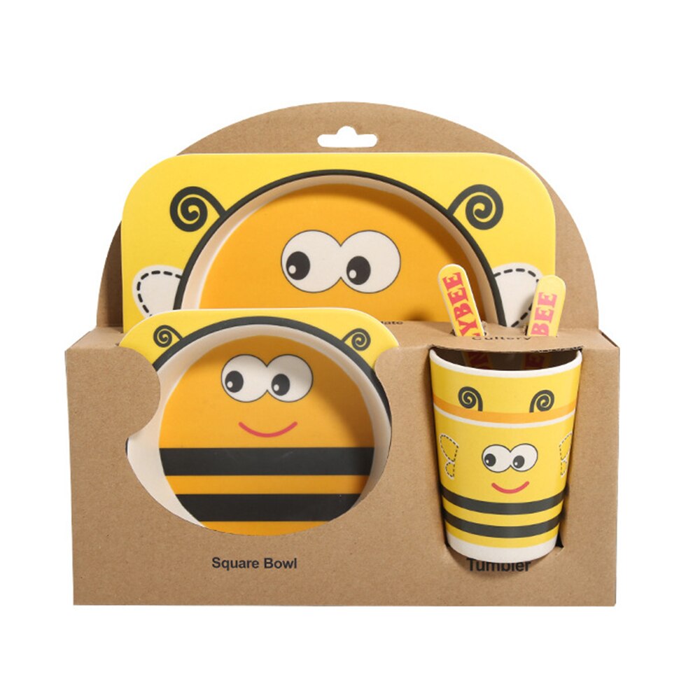 Juego de 5 unidades de vajilla para bebé, Bol de fibra de bambú Natural con taza, cuchara, plato, tenedor, platos de alimentación para niños, utensilios al por mayor: Dorado