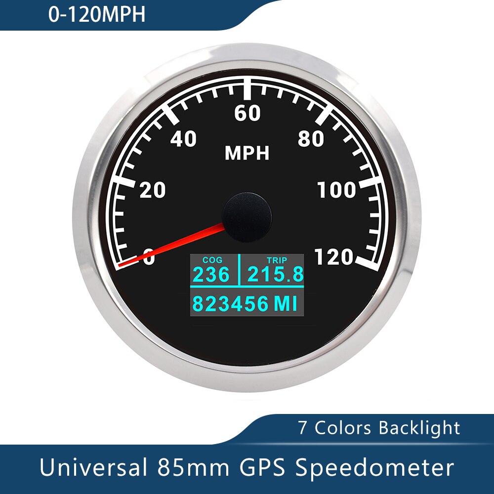 Novo velocímetro de 85mm gps 0-30/60 nós 0-60/80/120/160/200 mph 0-60/120/200km/h com luz de fundo de 7 cores para a motocicleta do barco do carro: 120MBS