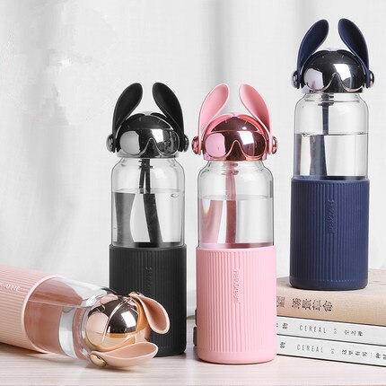 Botellas de agua de vidrio portátiles creativas de dibujos animados con tapa brillante para perro, bonita botella de agua con personalidad para chica estudiante