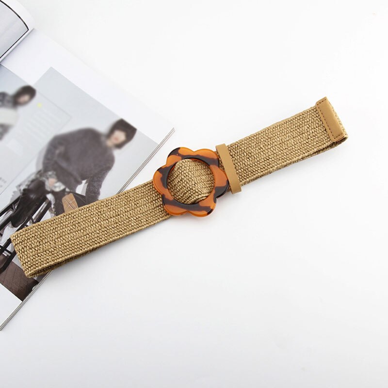 Vintage bohemio cinturón de cintura trenzada, cinturón femenino de verano, cinturones redondos de madera con hebilla, cinturón de corsé ancho de paja falsa, cinturón tejido para mujer: Caqui