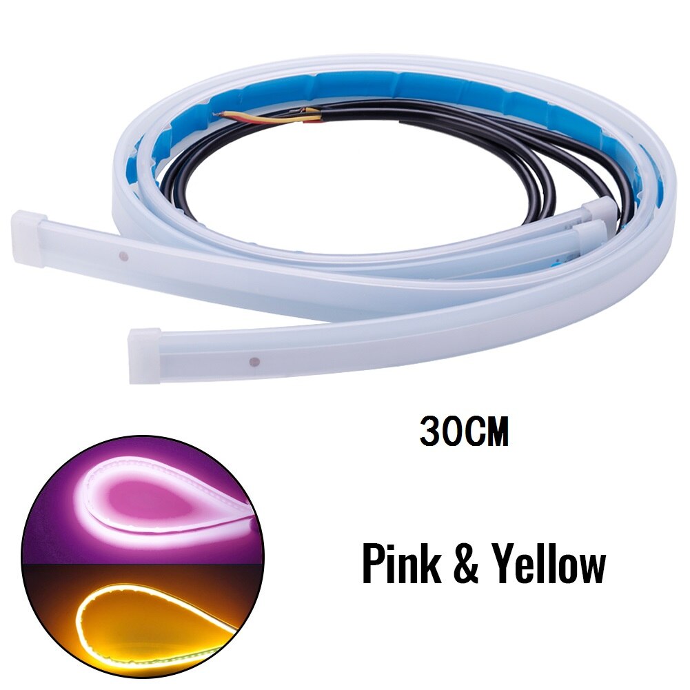 2Pcs Motorcycle DRL Daytime Running Light Waterproof Universal 12V Auto Headlight Sequential Turn Signal Yellow Flow Day Light: 30CM Pink Yellow
