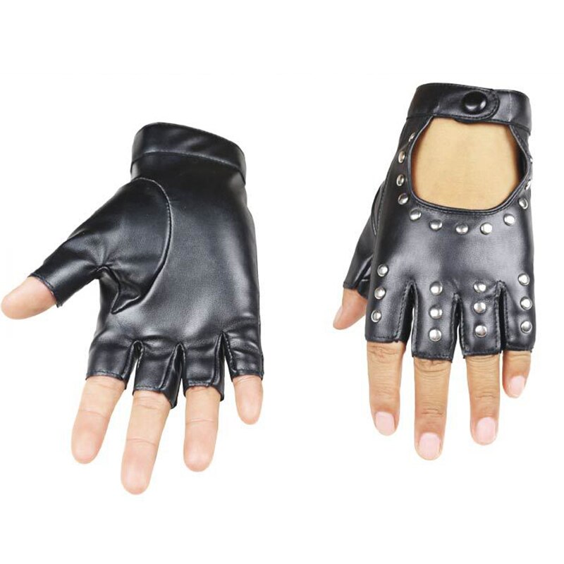 Guantes de conducir dedo para mujer, mitones de cuero sin dedos, transpirables, PU, remaches, Luvas de baile, color negro, 1 par
