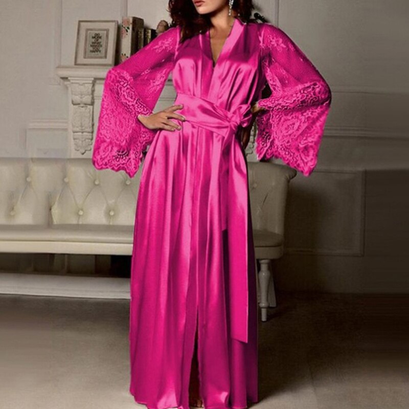 Womens Nachthemd Sexy Lange Lacelingerie Badjas Gown Imitatie Ijs Zijde Nachthemd Effen Kleur Nachtjapon Nachtkleding: Rood / L