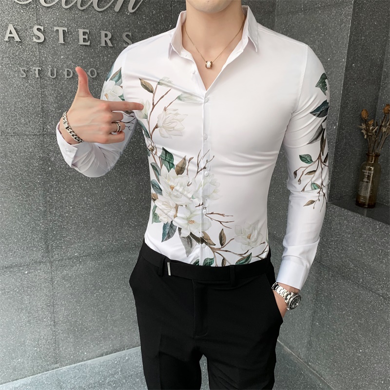 Autumn Winter Shirt Men Korean Slim Fit Floral Shirts for Men Clothing All Match Long Sleeve Men Casual Shirts Club Tuxedo