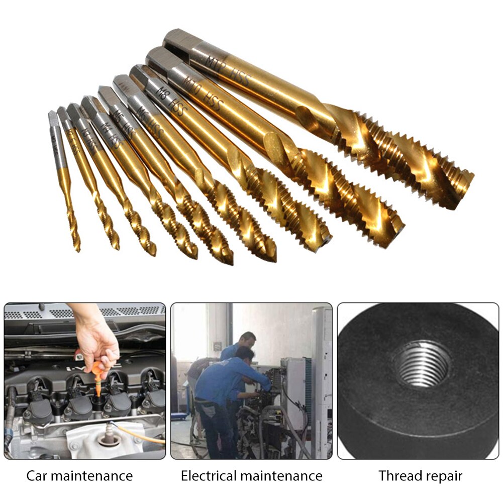 Hand Tap Drill Thread Metric Plug Drill Bits 9/6pcs Screw Thread Metric Spiral Fluted Machine Spiral Pointed Tap