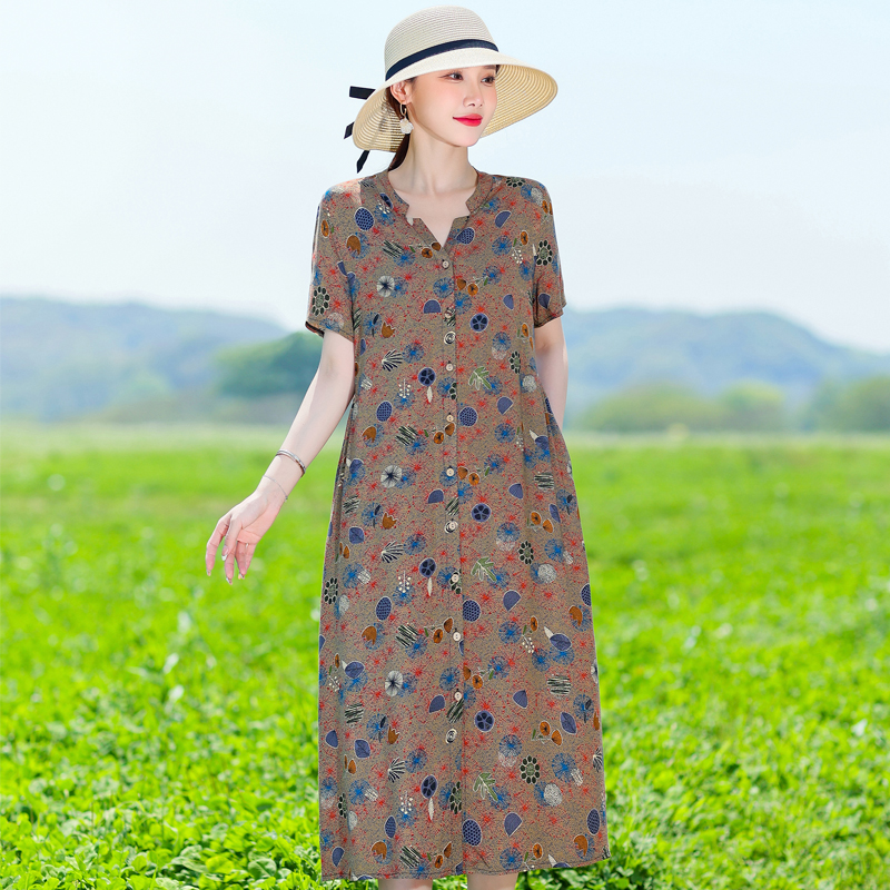 Sommarlånga klänningar för kvinnor kortärmade lösa vintagetryck koreanska klänningar sommarkläder för kvinnor: Xl / Blå