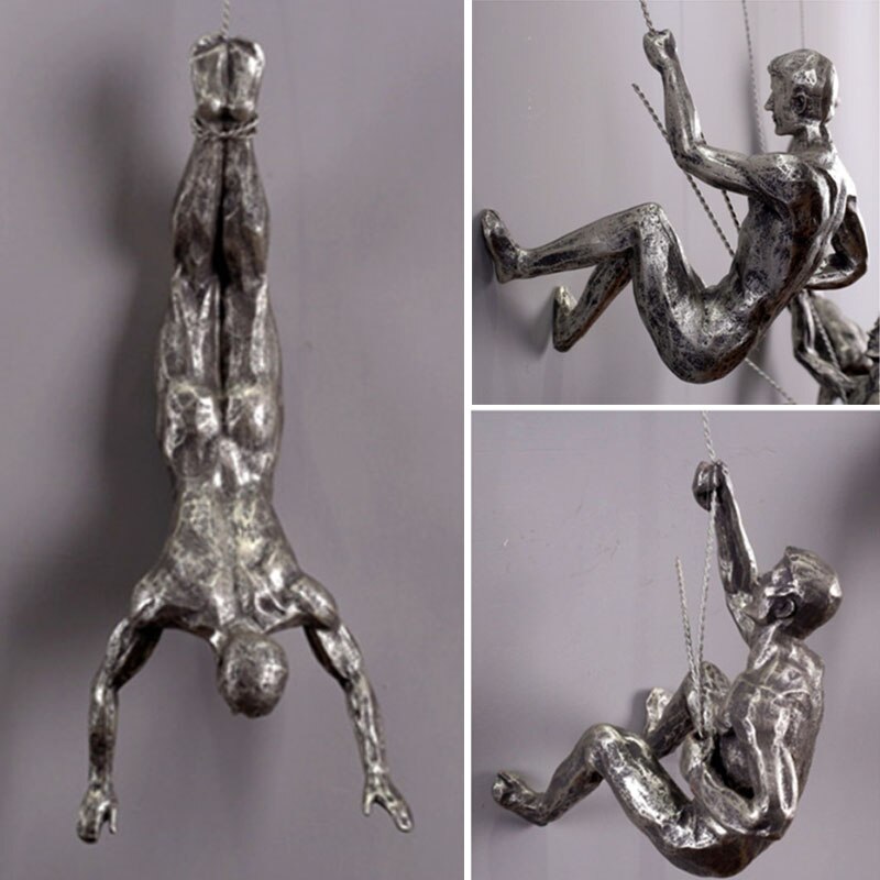 Klättring man industriell stil harts järn tråd vägghängande dekoration skulptur figurer retro staty dekor  tb01